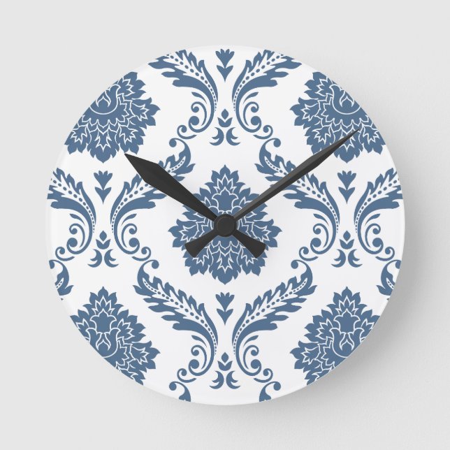 Rococo Damask Stort Mönster Blått på Vitt Rund Klocka (Framsida)