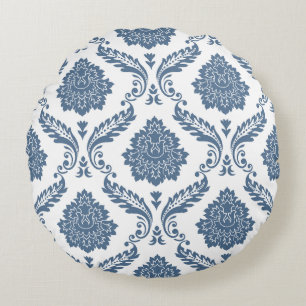Rococo Damask Stort Mönster Blått på Vitt Rund Kudde