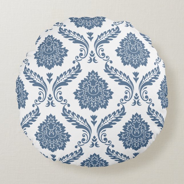 Rococo Damask Stort Mönster Blått på Vitt Rund Kudde (Framsidan)