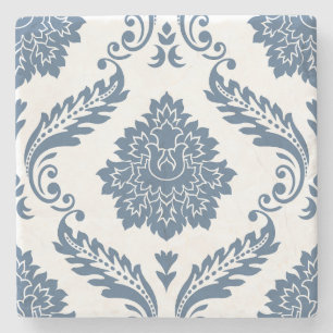 Rococo Damask Stort Mönster Blått på Vitt Stenunderlägg