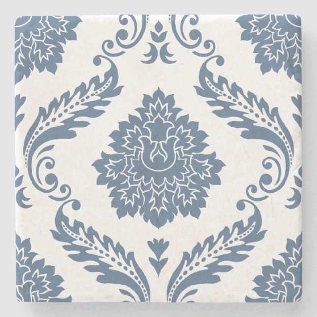 Rococo Damask Stort Mönster Blått på Vitt Stenunderlägg (Framsidan)