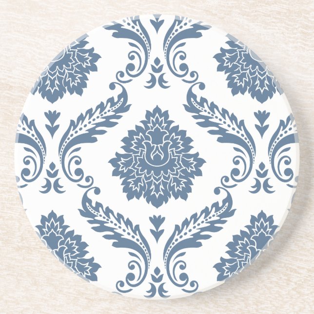Rococo Damask Stort Mönster Blått på Vitt Underlägg (Framsidan)