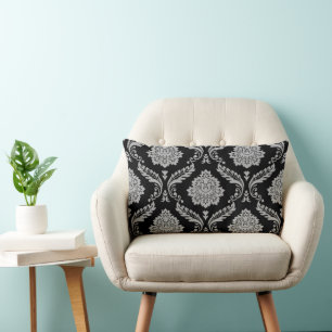 Rococo Damask Stort Mönster Grått på Svart Lumbarkudde
