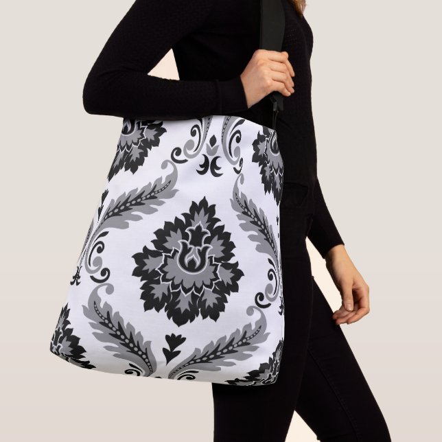 Rococo Damask Stort Mönster Grått Svart Vitt Axelväska (Närbild)