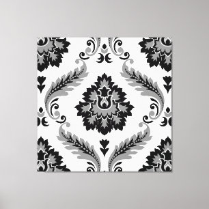 Rococo Damask Stort Mönster Grått Svart Vitt Canvastryck