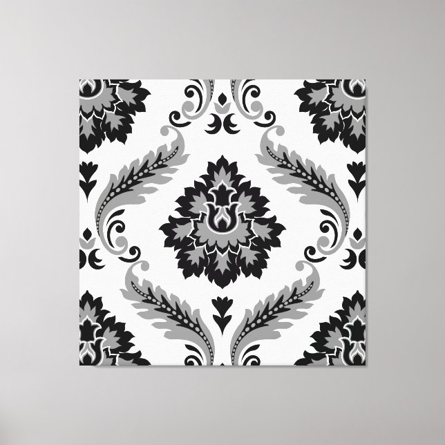 Rococo Damask Stort Mönster Grått Svart Vitt Canvastryck (Framsida)
