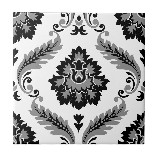 Rococo Damask Stort Mönster Grått Svart Vitt Kakelplatta (Framsidan)