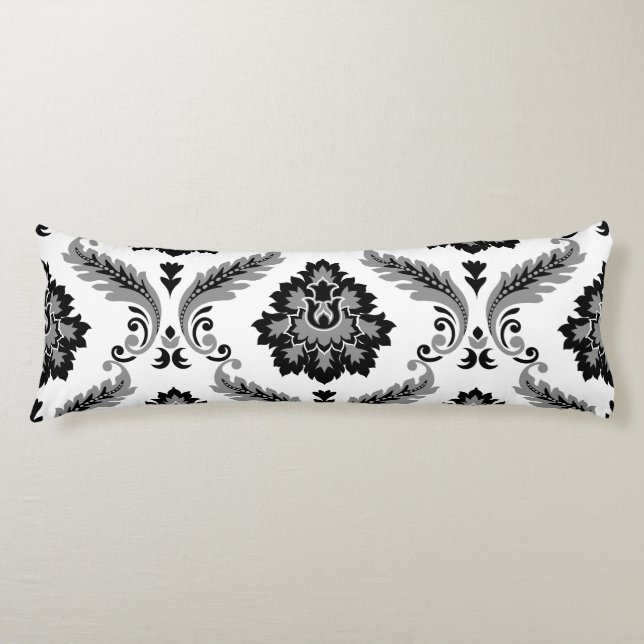 Rococo Damask Stort Mönster Grått Svart Vitt Kroppskudde (Framsidan)