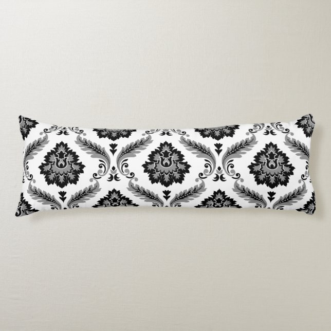 Rococo Damask Stort Mönster Grått Svart Vitt Kroppskudde (Framsidan)