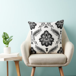 Rococo Damask Stort Mönster Grått Svart Vitt Kudde