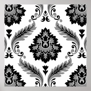 Rococo Damask Stort Mönster Grått Svart Vitt Poster