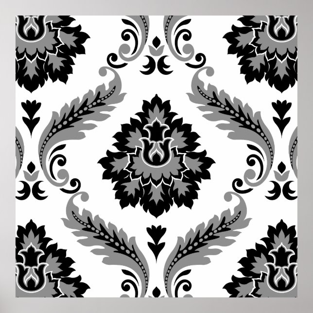 Rococo Damask Stort Mönster Grått Svart Vitt Poster (Framsidan)