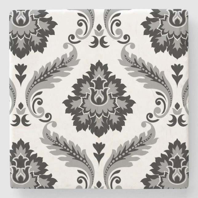 Rococo Damask Stort Mönster Grått Svart Vitt Stenunderlägg (Framsidan)