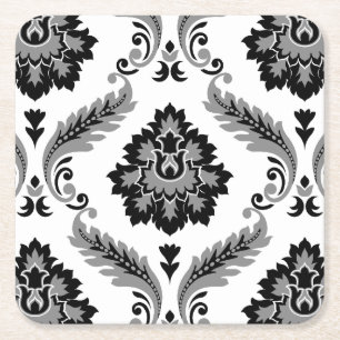 Rococo Damask Stort Mönster Grått Svart Vitt Underlägg Papper Kvadrat