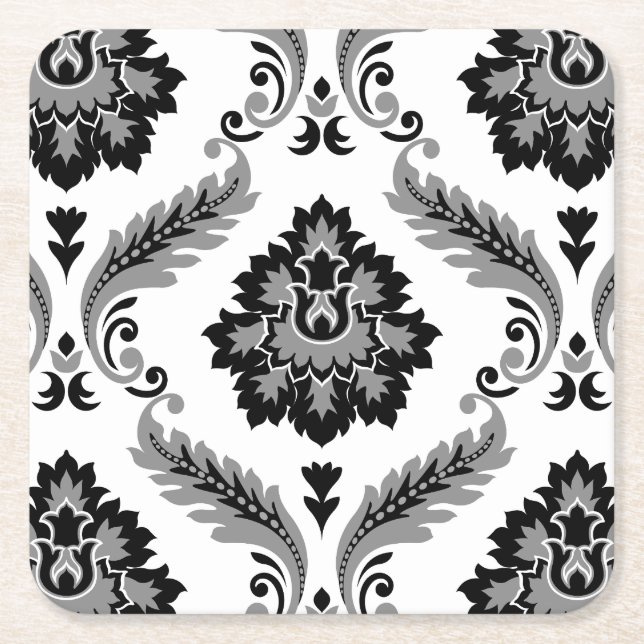 Rococo Damask Stort Mönster Grått Svart Vitt Underlägg Papper Kvadrat (Framsidan)