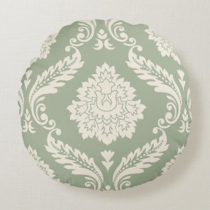 Rococo Damask Stort Mönster Kräm på Grönt Rund Kudde