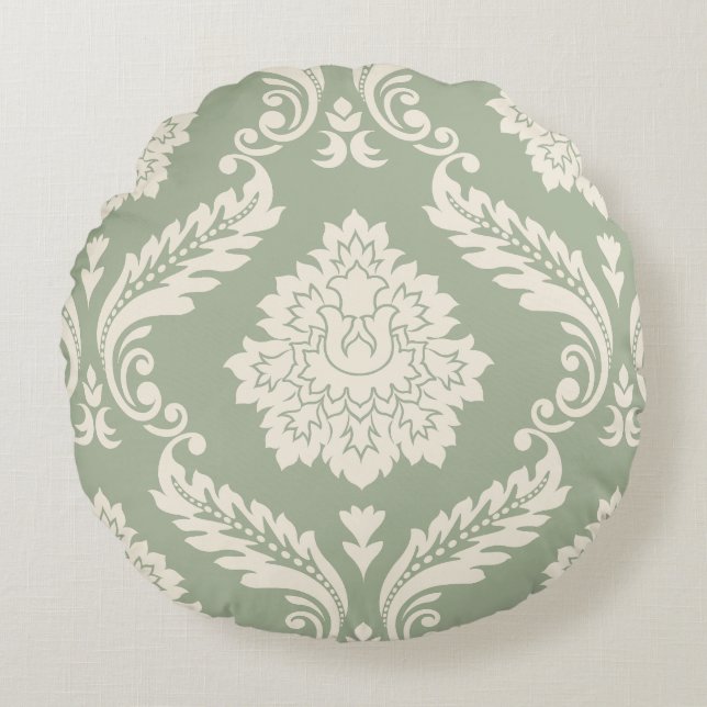 Rococo Damask Stort Mönster Kräm på Grönt Rund Kudde (Framsidan)