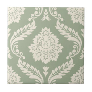 Rococo Damask Stort Mönster Krämfärgad på Grönt Kakelplatta