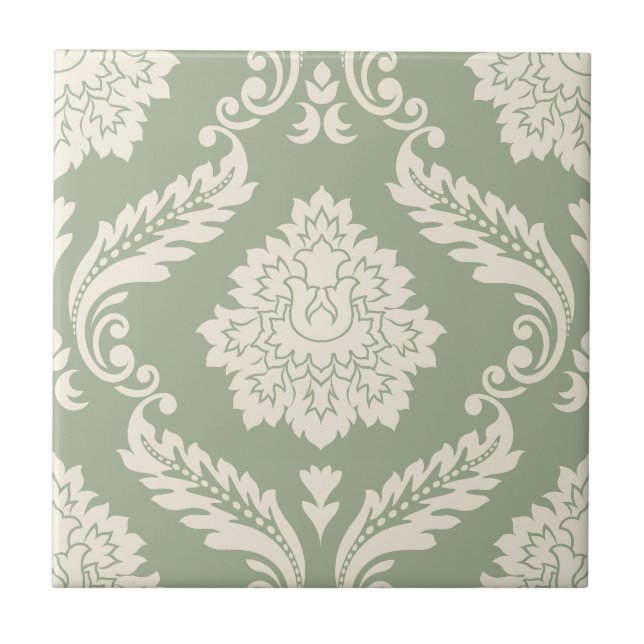 Rococo Damask Stort Mönster Krämfärgad på Grönt Kakelplatta (Framsidan)