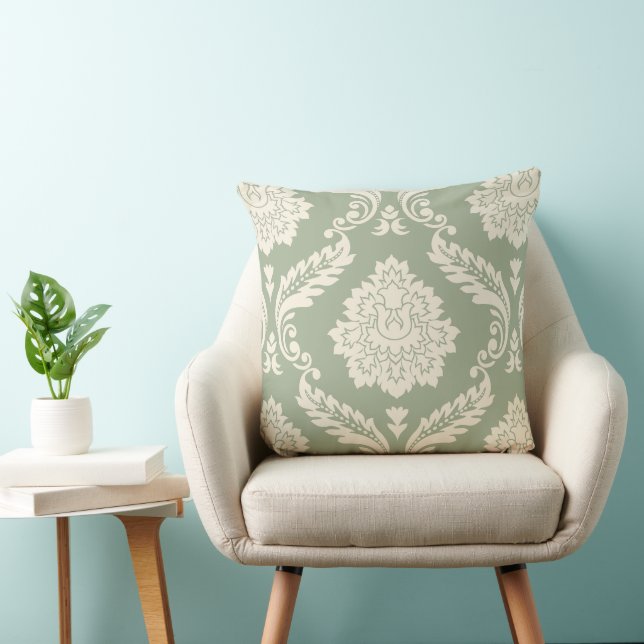 Rococo Damask Stort Mönster Krämfärgad på Grönt Kudde (Stol)