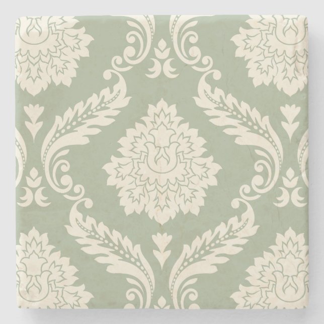 Rococo Damask Stort Mönster Krämfärgad på Grönt Stenunderlägg (Framsidan)