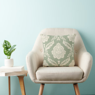 Rococo Damask Stort Mönster Krämfärgat på Grönt Kudde