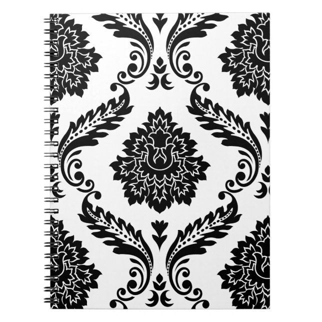 Rococo Damask Stort Mönster Svart på Vitt Anteckningsbok (Framsidan)