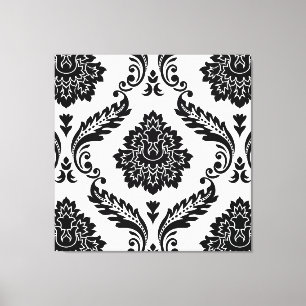 Rococo Damask Stort Mönster Svart på Vitt Canvastryck