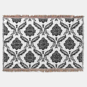 Rococo Damask Stort Mönster Svart på Vitt Filt