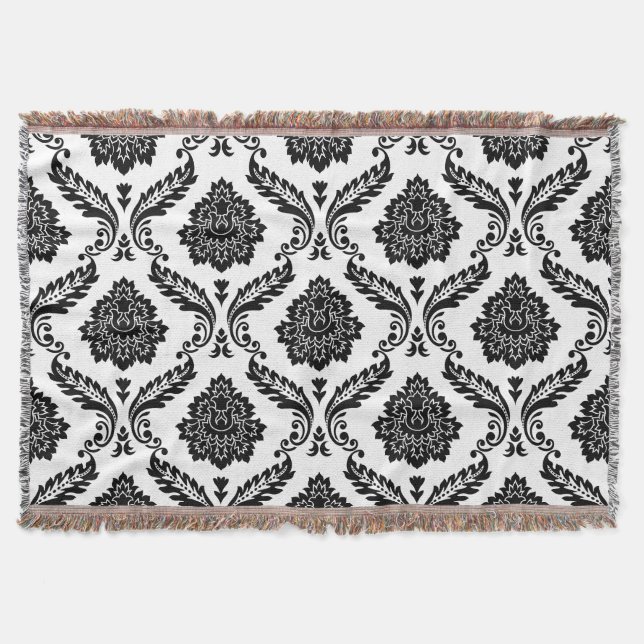 Rococo Damask Stort Mönster Svart på Vitt Filt (Framsidan)