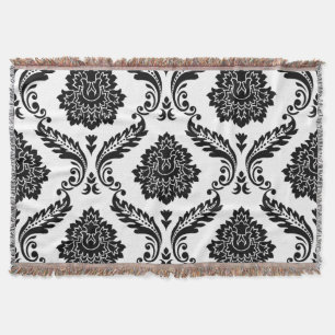 Rococo Damask Stort Mönster Svart på Vitt Filt