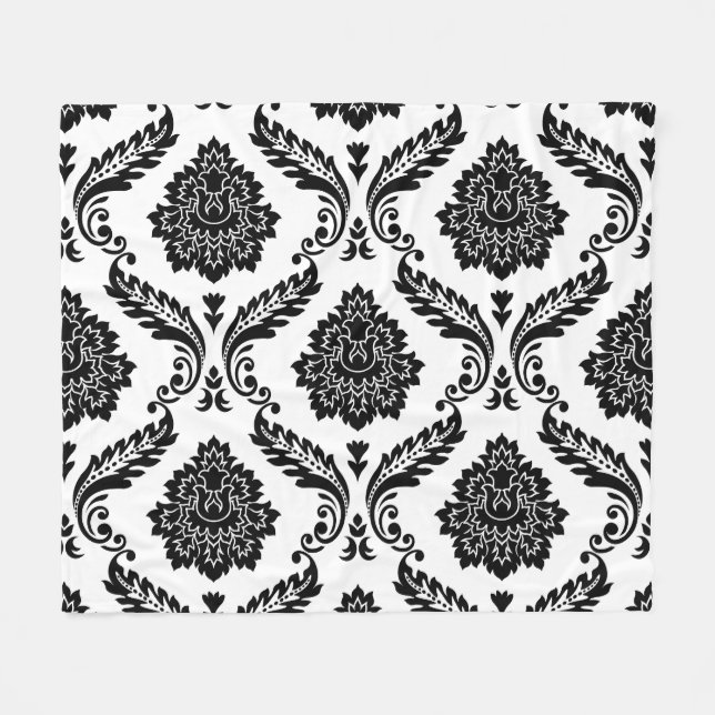 Rococo Damask Stort Mönster Svart på Vitt Fleecefilt (Framsidan (Horisontell))