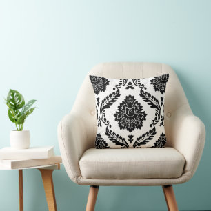 Rococo Damask Stort Mönster Svart på Vitt Kudde