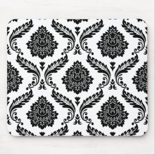 Rococo Damask Stort Mönster Svart på Vitt Musmatta