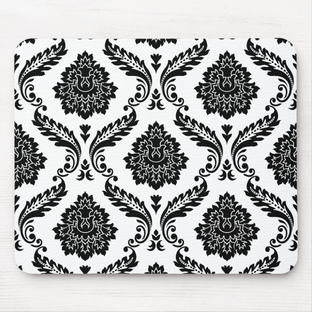Rococo Damask Stort Mönster Svart på Vitt Musmatta (Framsidan)