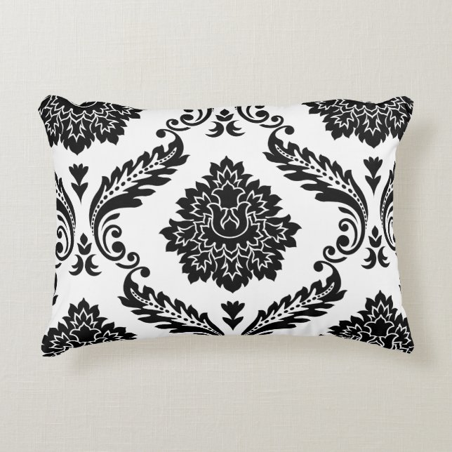 Rococo Damask Stort Mönster Svart på Vitt Prydnadskudde (Framsidan)