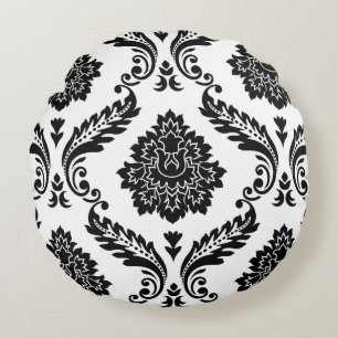 Rococo Damask Stort Mönster Svart på Vitt Rund Kudde
