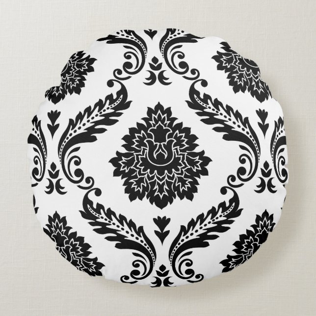 Rococo Damask Stort Mönster Svart på Vitt Rund Kudde (Framsidan)