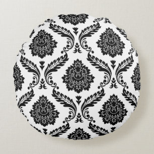 Rococo Damask Stort Mönster Svart på Vitt Rund Kudde