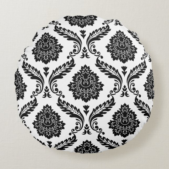 Rococo Damask Stort Mönster Svart på Vitt Rund Kudde (Framsidan)