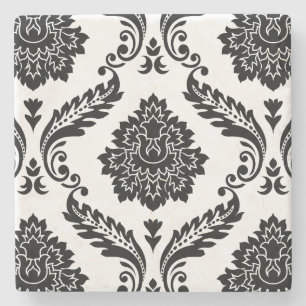 Rococo Damask Stort Mönster Svart på Vitt Stenunderlägg