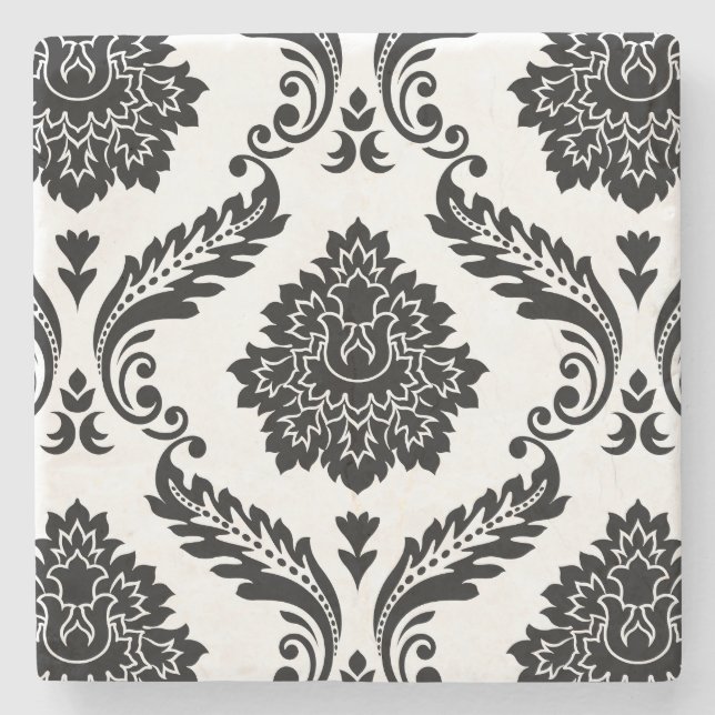 Rococo Damask Stort Mönster Svart på Vitt Stenunderlägg (Framsidan)