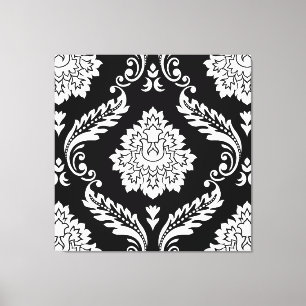 Rococo Damask Stort Mönster Vitt på Svart Canvastryck