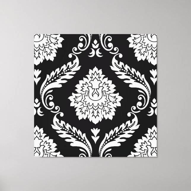 Rococo Damask Stort Mönster Vitt på Svart Canvastryck (Framsida)