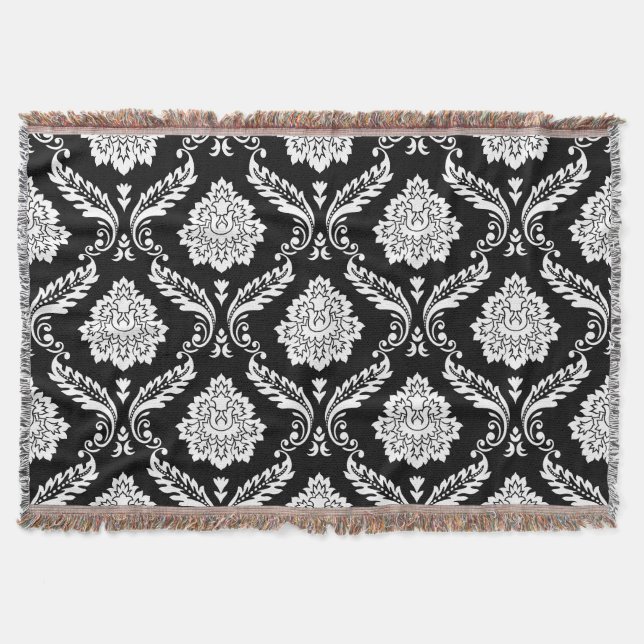 Rococo Damask Stort Mönster Vitt på Svart Filt (Framsidan)