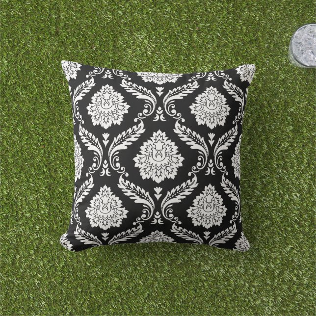 Rococo Damask Stort Mönster Vitt på Svart Kudde (Gräs)
