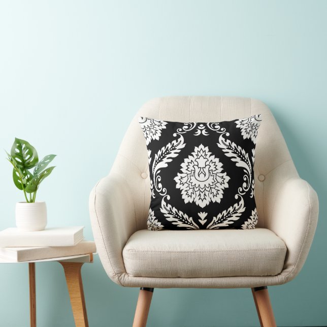 Rococo Damask Stort Mönster Vitt på Svart Kudde (Stol)