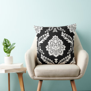 Rococo Damask Stort Mönster Vitt på Svart Kudde