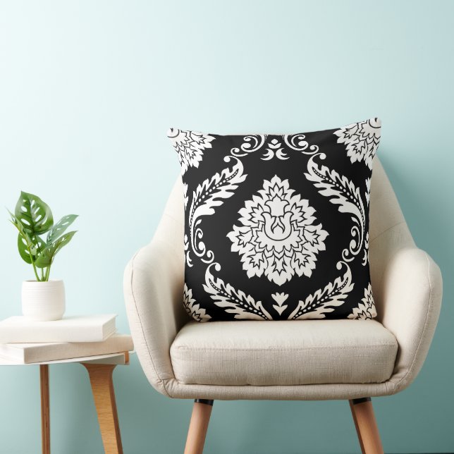 Rococo Damask Stort Mönster Vitt på Svart Kudde (Stol)
