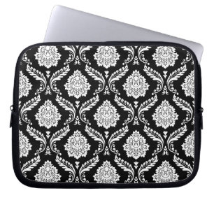 Rococo Damask Stort Mönster Vitt på Svart Laptop Fodral